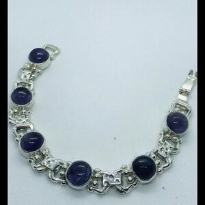 Vintage Sterling Silver Mexico Amethyst Cabochon Bracelet, 7.5” Long